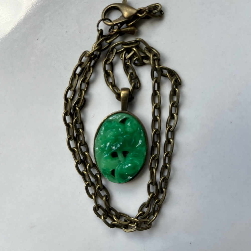 Vintage 70s Jade Green Resin Hong Kong Cameo Necklace Brass Setting